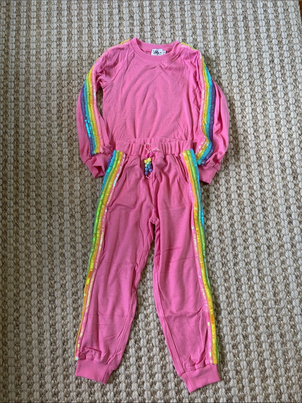 Lola + The Boys Pink Rainbow-Trim Jogger Set